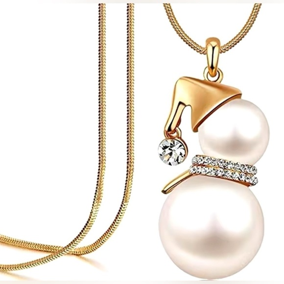 Moon Goddess Emporium Jewelry - 18K Gold & Pearl Snowman With Diamond Accent Pendantt Sweater Necklace
